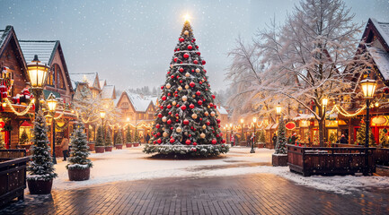 Christmas village, snowy santa village with a big Christmas tree and pine trees, xmas decorations, magical feel