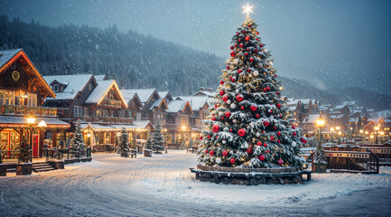 Christmas village, snowy santa village with a big Christmas tree and pine trees, xmas decorations, magical feel