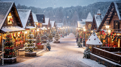 Christmas village, snowy santa village with a big Christmas tree and pine trees, xmas decorations, magical feel photo