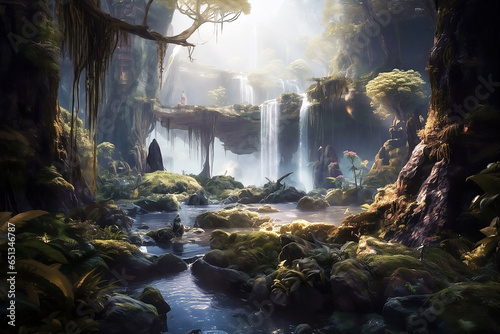 a photrealistic fairy forest with waterfalls