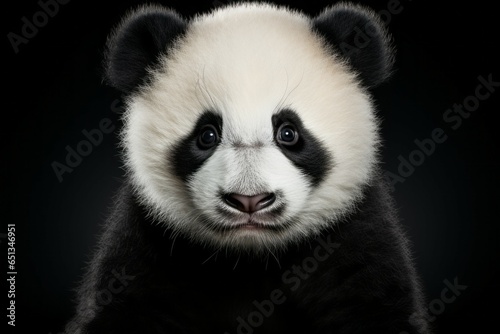 Panda on a black background. Portrait with selective focus and copy space