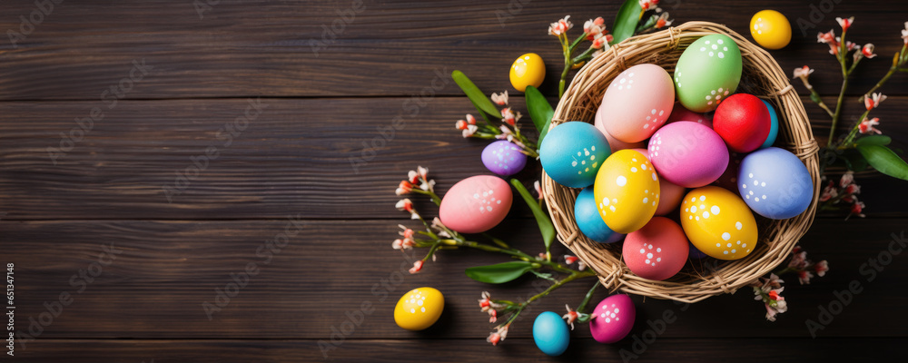 Colored pastel Easter eggs in a basket on a wooden background Colored pastel Easter eggs in a basket on a wooden background