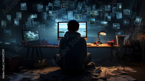 A depressed individual sitting alone in a dimly lit room, surrounded by notifications of cyberbullying on a computer screen, emphasizing the mental health impacts of online harassment.