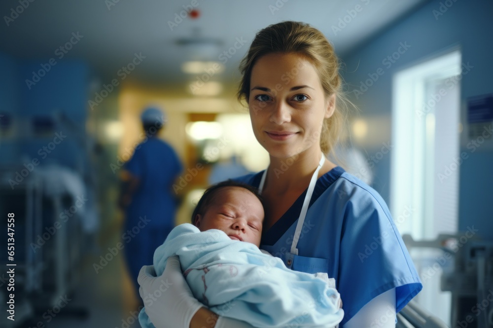 Nurse with a baby. Portrait with selective focus and copy space Nurse with a baby. Portrait with selective focus and copy space