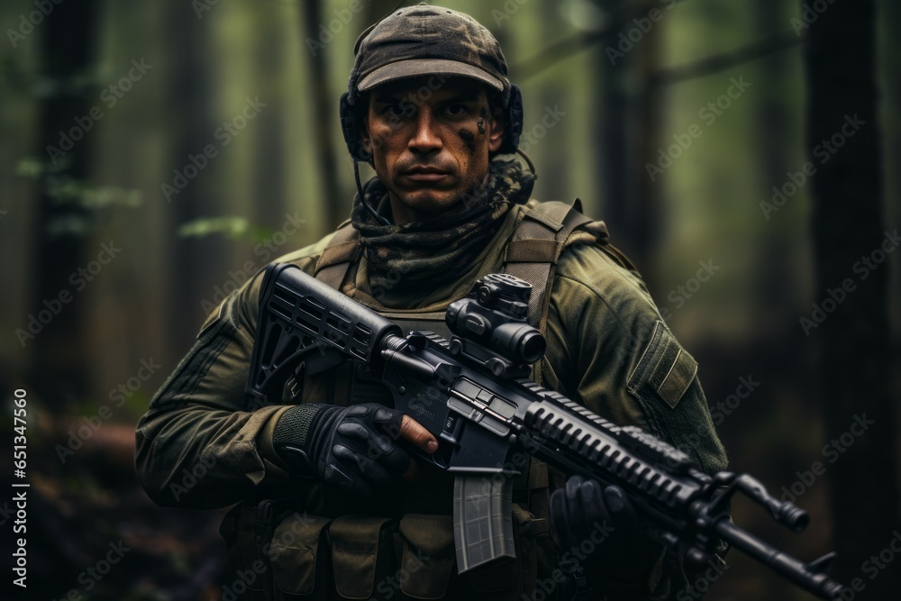 Military man on a special operation or war. Portrait with selective focus and copy space