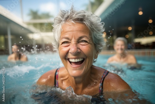Happy woman in the pool during group classes. Aqua fit concept. Portrait with selective focus
