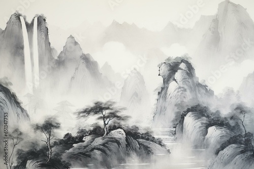 Ink painting of mountain landscape with waterfall on handmade rice paper. Generative AI