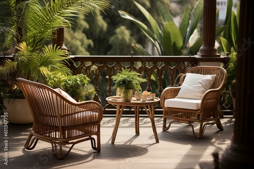 Terrace features armchairs and table made from rattan. Generative AI