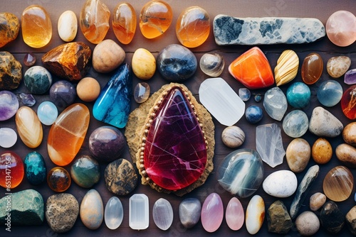 Gemstones, crystals, magic, witchcraft, ritual, energy healing, minerals, nature, flat lay. Generative AI