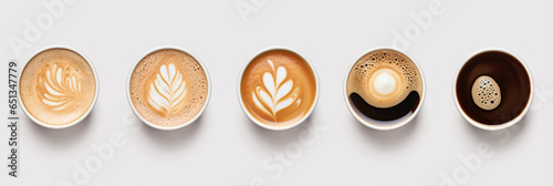 Set with cups of hot aromatic espresso coffee, isolated, on white background, Generative AI