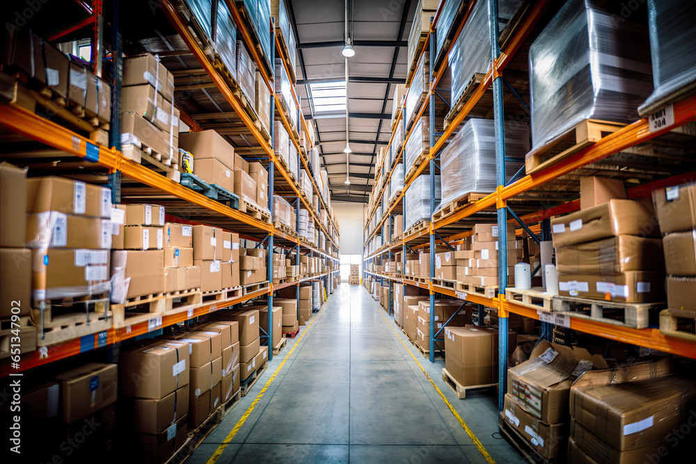 A large warehouse with numerous items. Rows of shelves with boxes. Logistics. Inventory control, order fulfillment or space optimization. Advertising, marketing or presentation