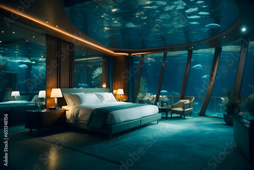 Underwater Hotel, Luxury Room Under Water, Aquatic Bedroom in Aquarium, Abstract Generative AI Illustration © Vidushan J