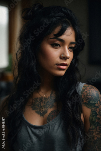 Pretty serious woman on a bedroom wearing casual clothes dark hair side view