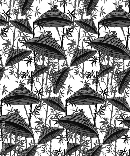 Japanese hat and bamboo. Seamless pattern. Suitable for fabric  mural  wrapping paper and the like.