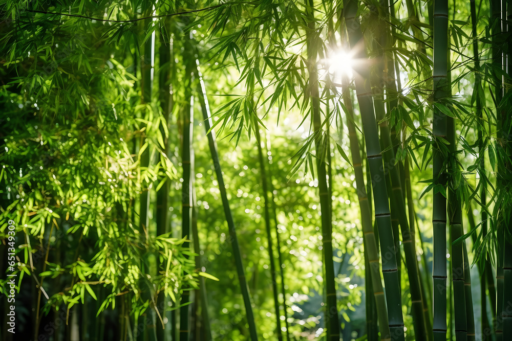 Fototapeta premium Sunlight filtering through the vibrant green leaves of a bamboo tree