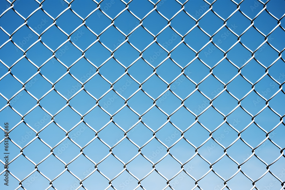 A chain link fence against a vibrant blue sky A chain link fence against a vibrant blue sky