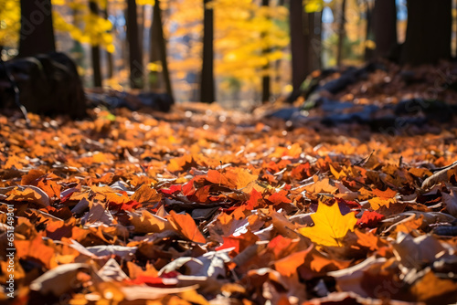 A serene forest floor covered in a carpet of autumn leaves under the canopy of tall, majestic trees