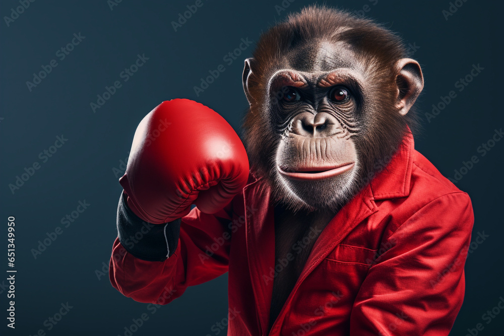 monkey wearing red boxing gloves