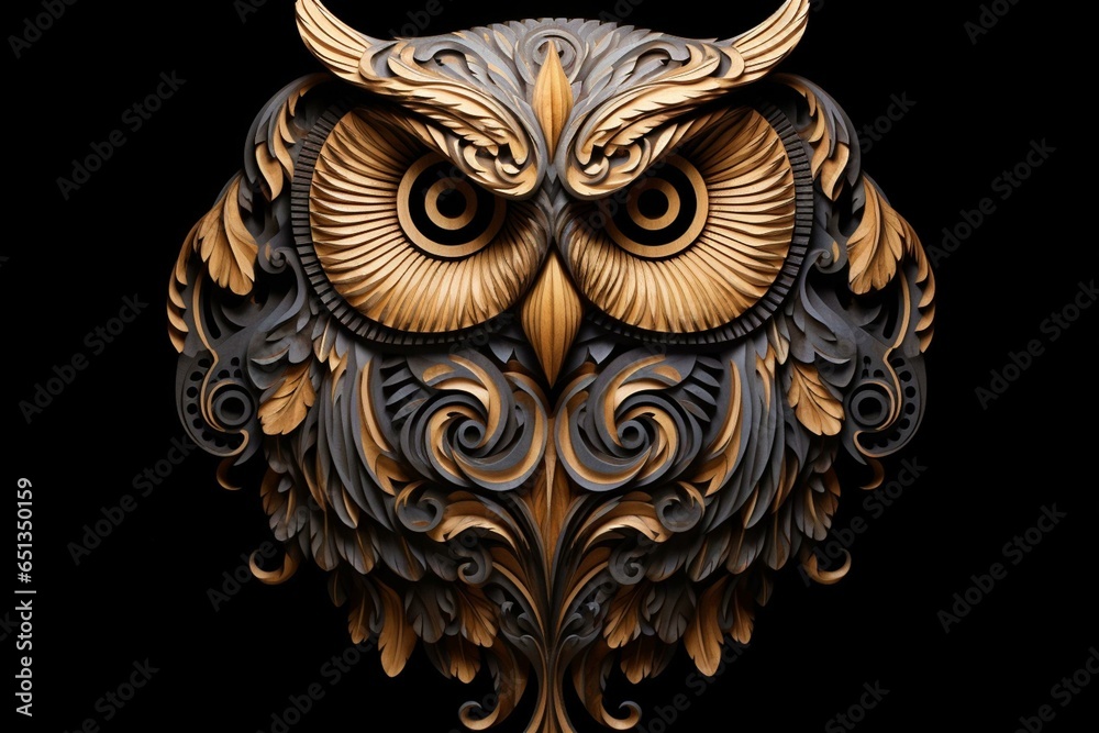 Artistic owl head design on woodcut filigree plaque, isolated on black. Generative AI