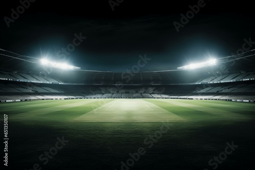 Nighttime cricket pitch, view from the side with illuminated stadium lights. Generative AI