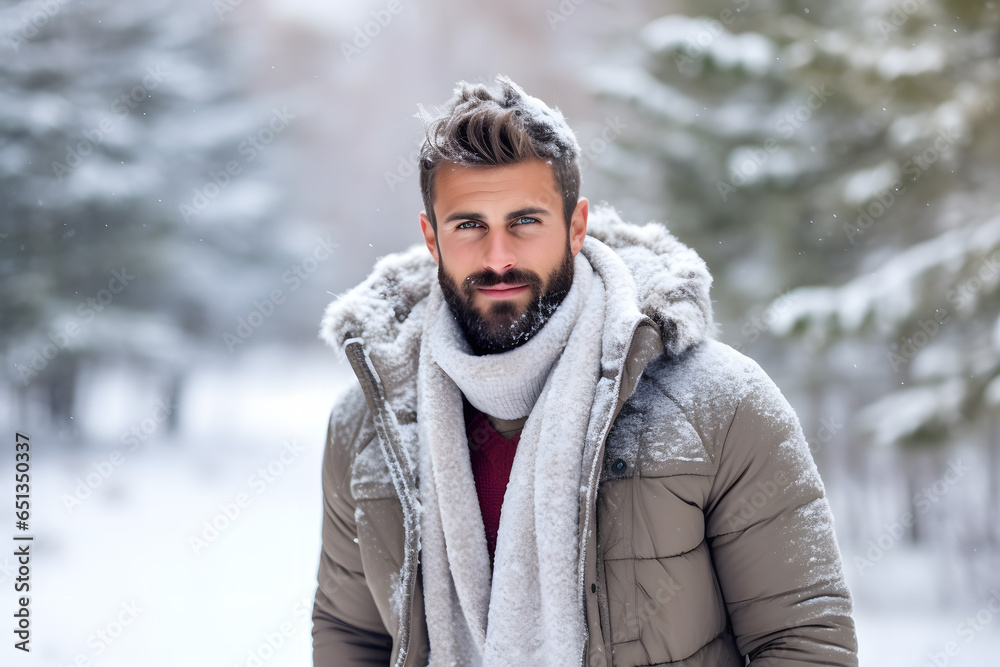 Male model in winter clothing against a snowy backdrop Male model in winter clothing against a snowy backdrop