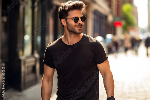 Male model in a classic black cotton T-shirt on a city street 
