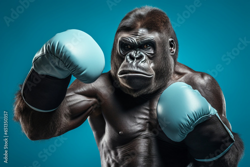 gorilla wearing boxing gloves isolated black background