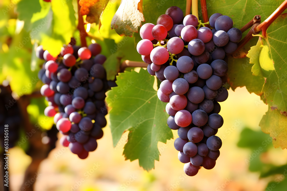 A cluster of ripe grapes hanging from a vine