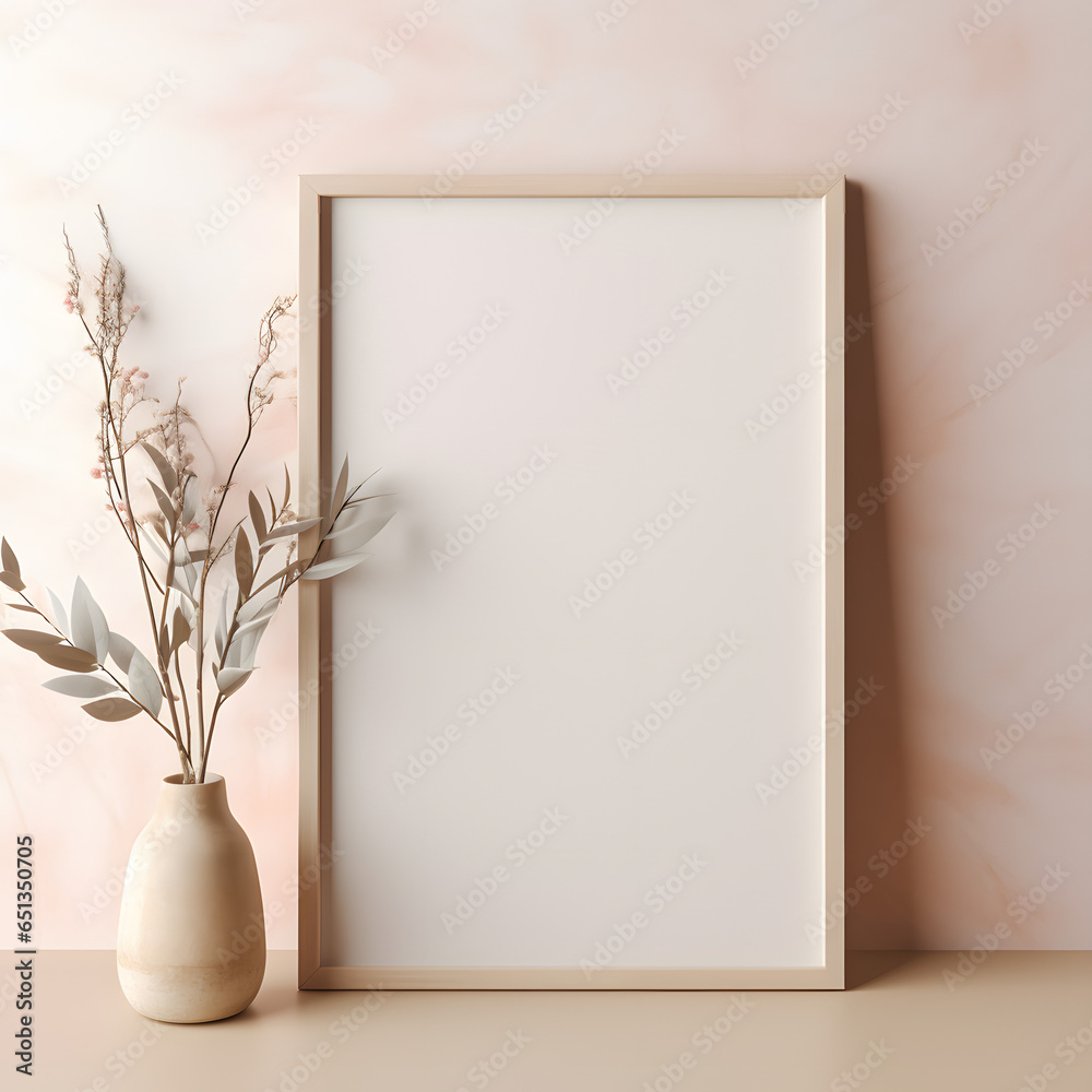 A vase with a plant and a light brown picture frame A vase with a plant and a light brown picture frame