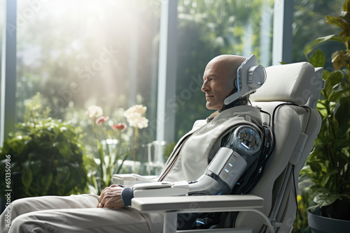 A robot-assisted rehabilitation device aiding a patient's recovery. Generative Ai.