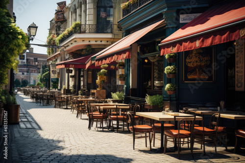 A street with restaurants serving international cuisine. Generative Ai.