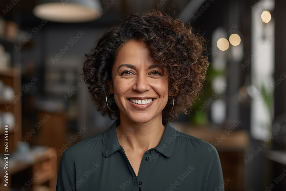 Middle aged latina woman in office, indoor portrait - obrazy, fototapety, plakaty 