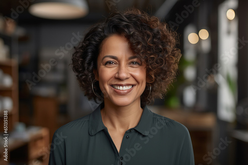 Middle aged latina woman in office, indoor portrait photo