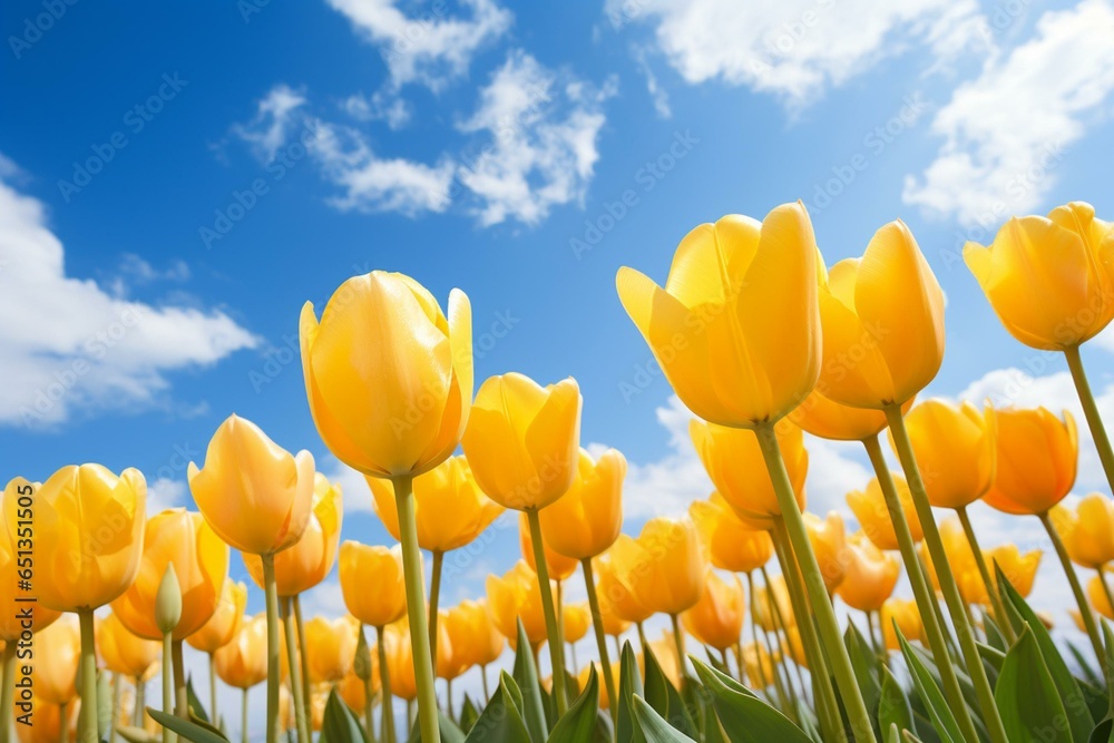 Vivid yellow tulips shine under the sun against a backdrop of a clear blue sky. Generative AI