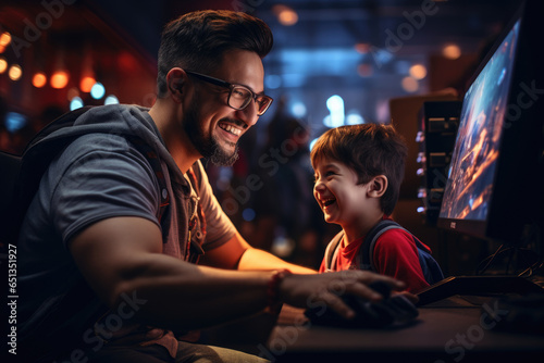 A parent teaching their child the basics of gaming. Generative Ai.