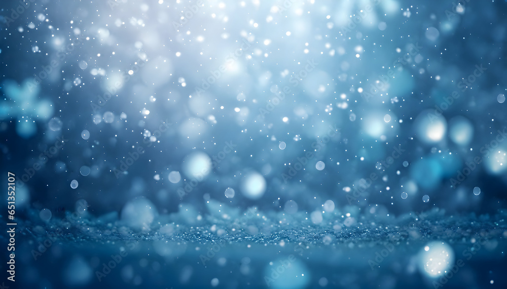 Winter scene of snowflakes falling with sparkling ice and bokeh light particles on a dreamy blue background. Room for copy space.