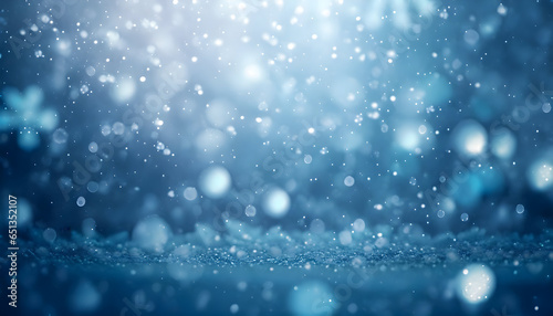 Winter scene of snowflakes falling with sparkling ice and bokeh light particles on a dreamy blue background. Room for copy space.