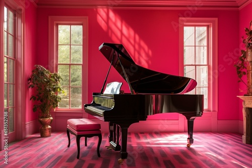 Vibrant pink piano adorns a pink room. Generative AI