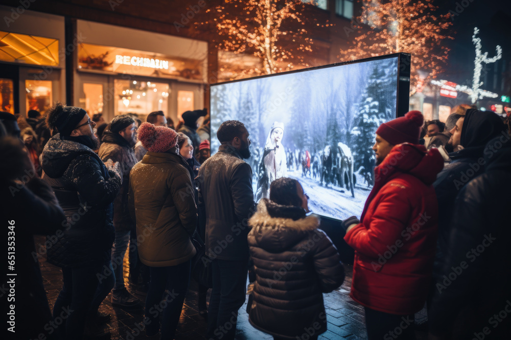 Crowds gathered around a store's promotional display, eager to explore Black Friday specials. Generative Ai.