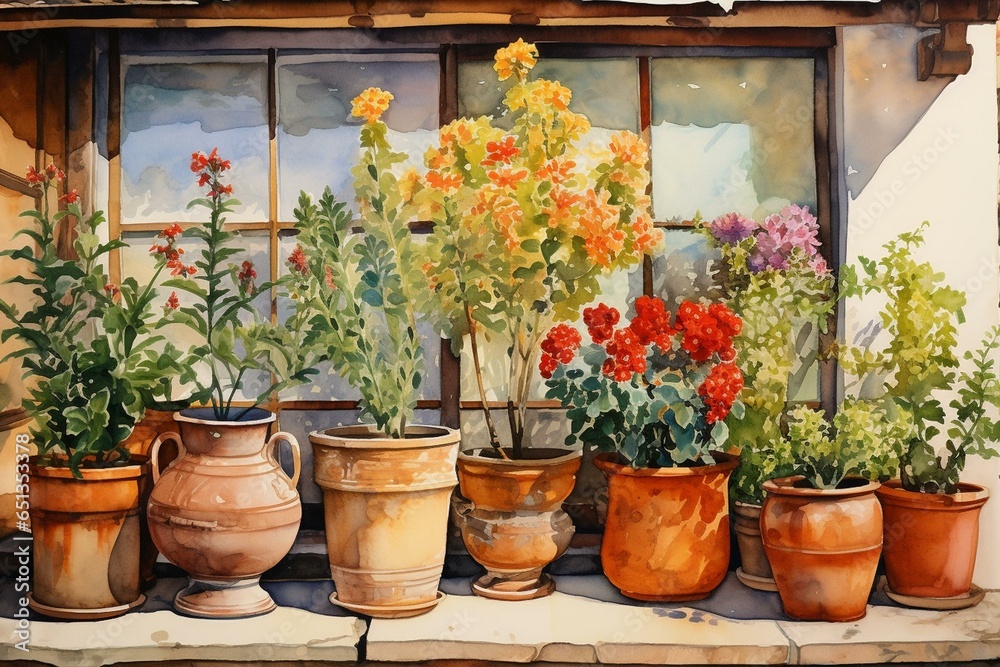 A watercolor painting of flower pots. Generative AI