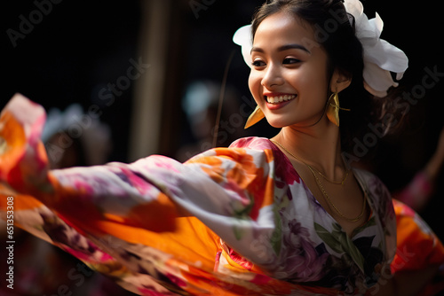 Joyful woman is dancing in dress with ethnic color
