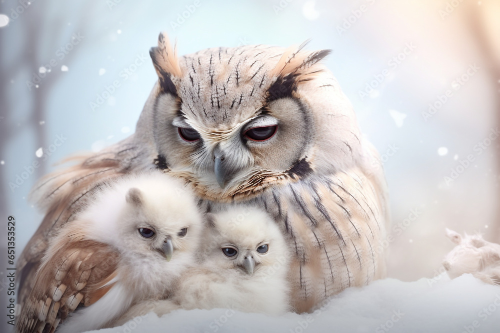 owl with her chicks bright background