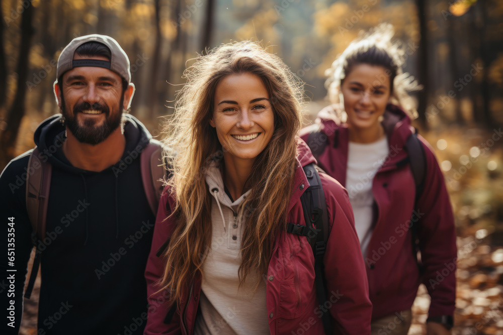 A group of friends on a hiking trail, depicting the social aspect of outdoor fitness adventures. Generative Ai. A group of friends on a hiking trail, depicting the social aspect of outdoor fitness adventures. Generative Ai.