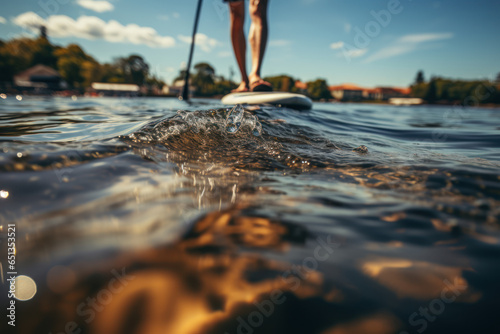 A person doing a handstand on a paddleboard, showcasing the growth of water-based fitness activities. Generative Ai.
