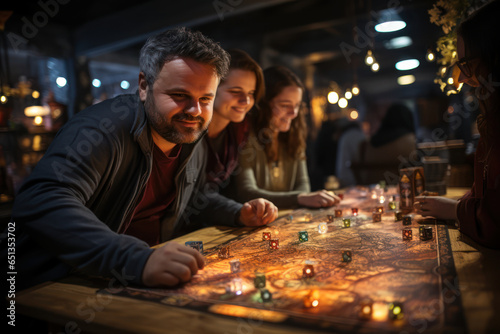 A group of friends playing a tabletop board game, highlighting the resurgence of analog gaming. Generative Ai.