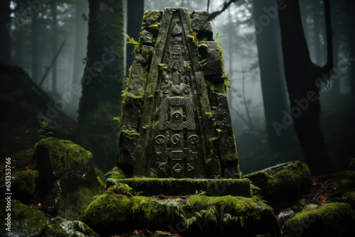 An ancient stone monument covered in moss and inscribed with cryptic symbols, representing the mysteries of ancient wisdom. Generative Ai.