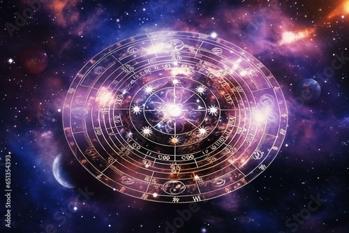 Zodiac sign against nebula. Astrology calendar. Esoteric horoscope and fortune telling concept. Generative AI photo