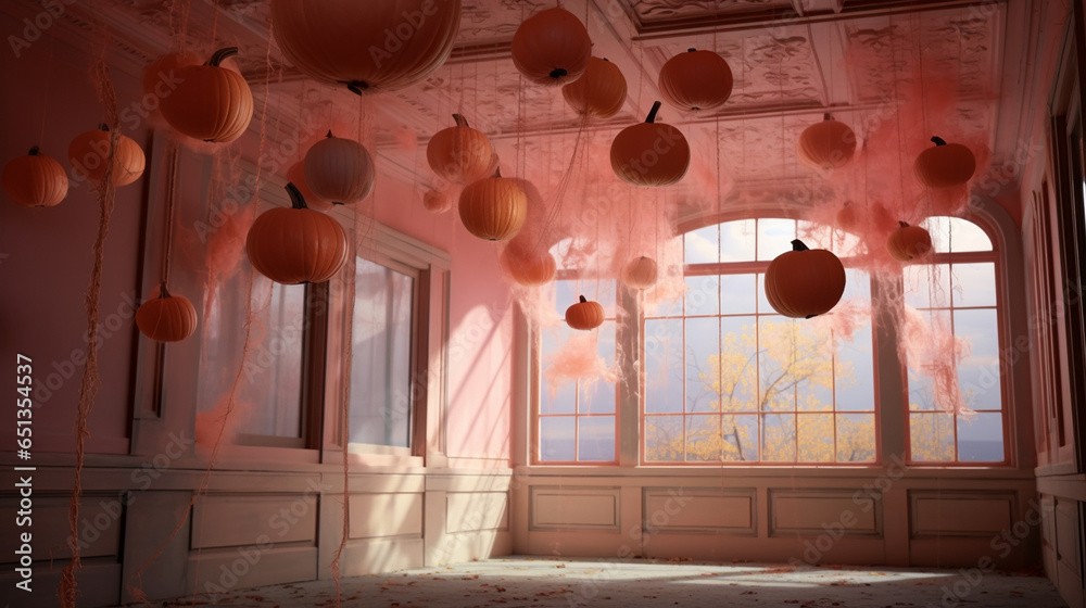 Obraz premium Halloween background with pumpkins in the room. 3d render