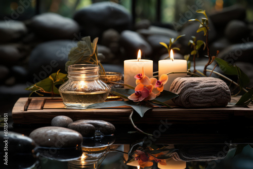 A soothing spa setting with warm stones, illustrating the practice of hot stone massage for relaxation and wellness. Generative Ai.