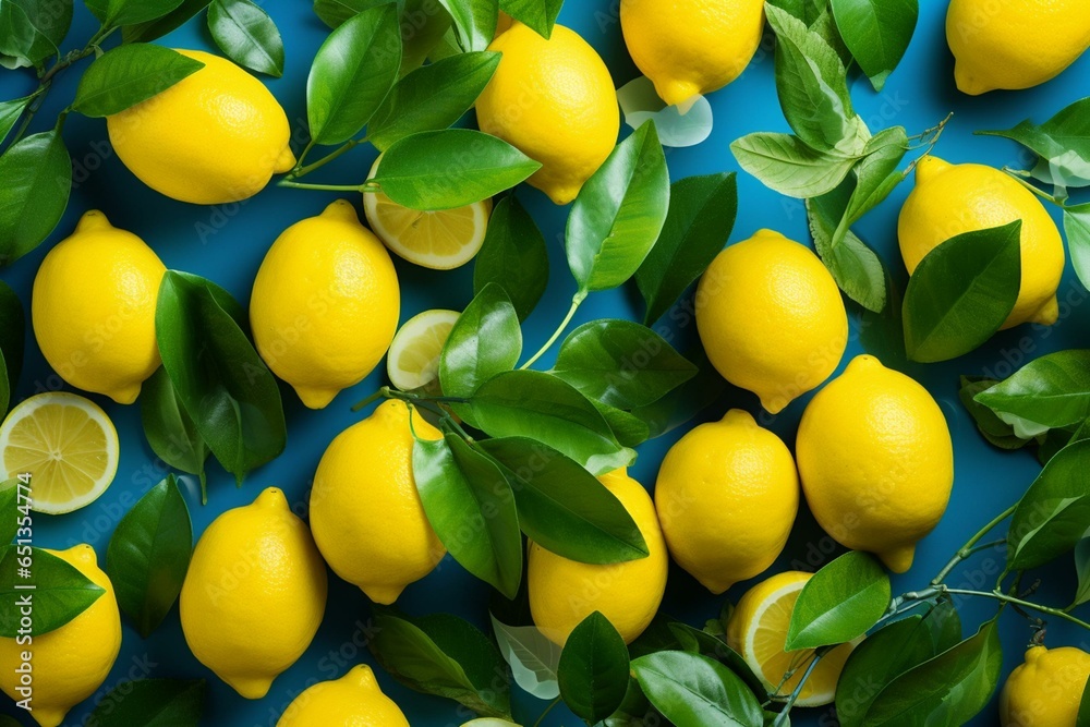 A vibrant background with ripe lemons and eucalyptus. Citrus, freshness, creativity. Generative AI